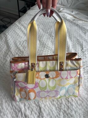 Vintage Coach Multicolor Signature Canvas Tote with Yellow Straps